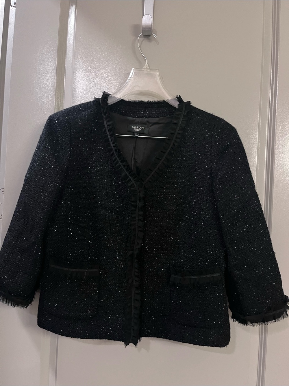Talbots Black Sparkle Fringe-Trim Cropped Blazer
